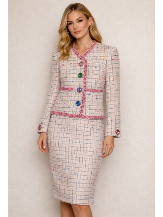 Vintage Jackets & Blazers - Vintage Union Made Tweed Skirt Suit Set Jeweled Button Pastel Boucle Size 4